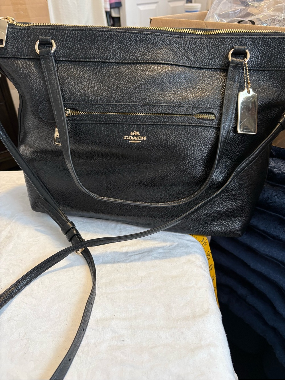 Coach Black Pebbled Leather Tote with Zip Pocket and Tag